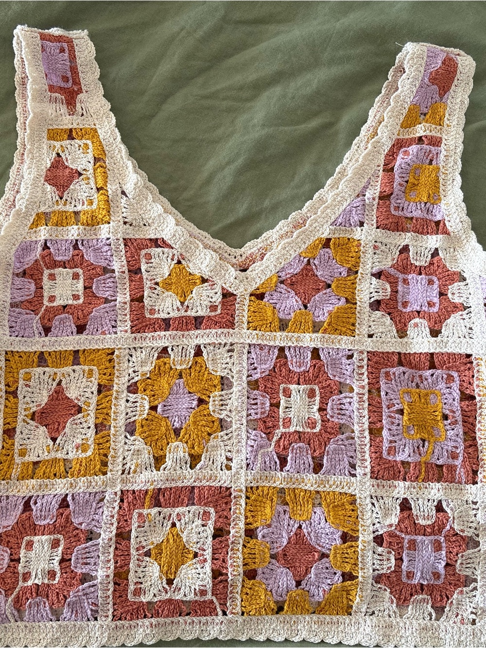 Crochet Square Tank Top in Cream, Mustard & Mauve